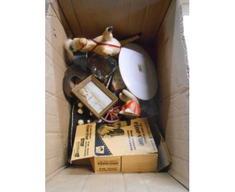 A box containing a quantity of collectable items including a Cine-view pocket viewer, a small vintage sweet dog toy, etc.