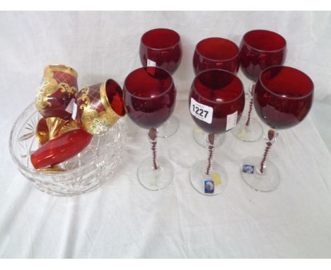 A quantity of coloured and other glassware including Venetian ruby goblets with enamel decoration, ruby wine glasses, etc.