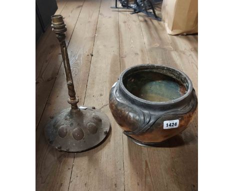 An Art Nouveau copper planter with outer swirl pewter decoration - sold with a brass and copper Arts &amp; Crafts table lamp 