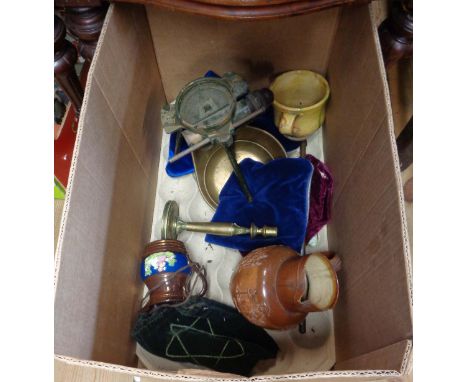 A box containing a quantity of ceramic and other collectable items including brass candlestick, dairy thermometer, etc.