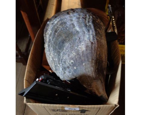 A box containing a quantity of collectable items including a large shell, a Polaroid camera, three model trains and various v