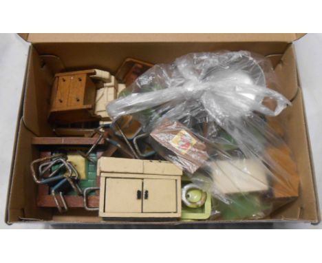 A small box containing a quantity of vintage doll's house furniture