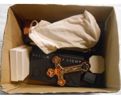 A box containing a quantity of collectable items including candlestick, a glass Chinese dragon figurine, etc.