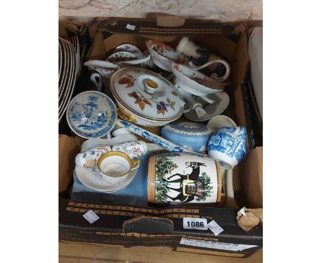 A box containing a quantity of assorted ceramics including 19th Century blue and white transfer printed ladle