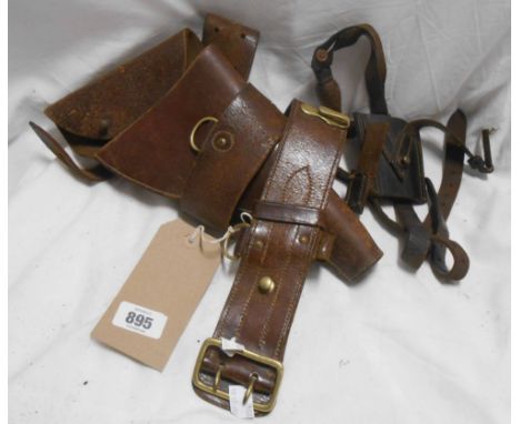 A British WWI leather holster and belt, Finnigan Ltd.1916, belonging to W.R. Roberts - sold with another leather bayonet scab