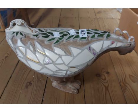 A stoneware figurine, depicting a stylised cockerel, with old ceramic shard mosaic decoration - marked Stien Rien 14