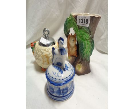 A Clarice Cliff preserve pot decorated in the Celtic Harvest pattern with original chrome plated lid - sold with a Russian Gz