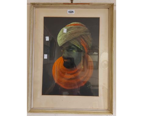 A framed vintage mixed media portrait of a gentleman wearing a turban - signed with initials and dated '59