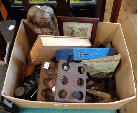 A box containing a quantity of collectable items including silver topped walking cane, pipe rack, two albums of corner mounte