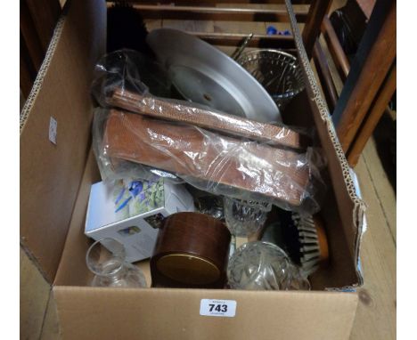 A box containing a quantity of items including two lizard skin handbags, small mantel clock, etc.