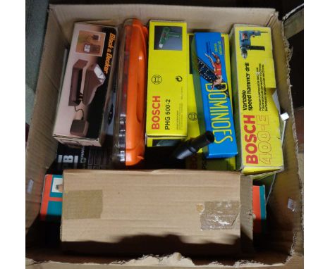 A box containing a quantity of tools including three Bosch, a Vitrex tile cutter, an angle grinder, etc.