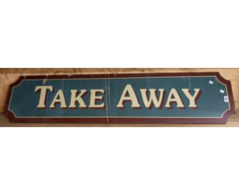 A vintage railway 'Take Away' sign with gloss red border and shadowing to the white transfer letters on a green/blue ground