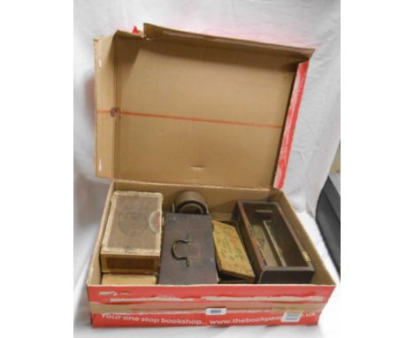 A box containing a quantity of collectable items and metalware including three old cigar boxes, spare clock parts, etc.