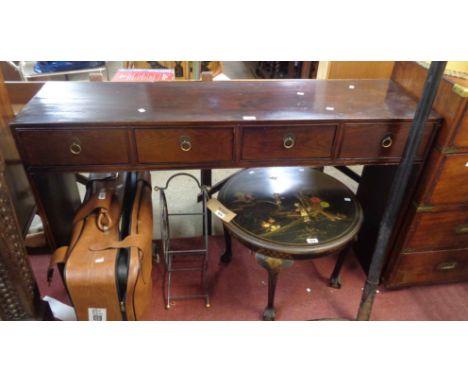 A 1.38m 20th Century Chinese stained hardwood console table with four frieze drawers, each with brass loop handles, set on st