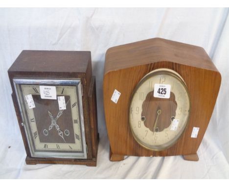 A vintage Smiths walnut cased mantel clock with eight day chiming movement - sold with an Art Deco style polished oak mantel 