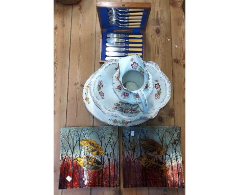 A quantity of ceramics including modern porcelain toilet jug and bowl, decorative dishes, etc. - sold with a cased fish knife