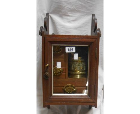 An antique oak wall mounted smoker's cabinet - sold with a horse themed pipe stand