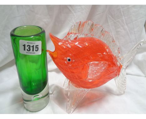 A vintage Murano glass fish figurine with an orange textured body and applied clear fins and tail - sold with a green glass v