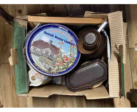 A box containing a quantity of assorted collectable items including 19th Century framed ceramic tile depicting a swallow, Bak