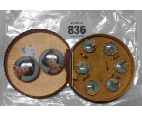 A pair of hand painted porcelain 19th Century Austrian stud buttons decorated with hand painted portrait - sold with cased se