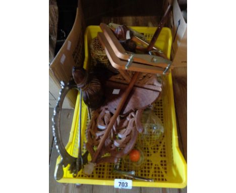 A small crate containing glass coffee makers, two wooden wall brackets and an Indian shelf