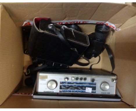 A vintage Roberts R606/MV radio - sold with three pairs of binoculars