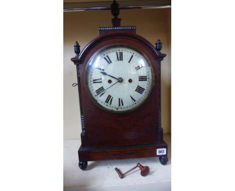 A 19th century mahogany and inlaid bracket clock with a painted convex dial and twin fusee movement striking on a bell - work