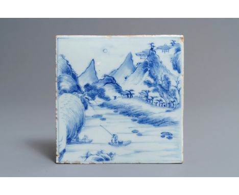 A Chinese blue and white mountainous landscape tile, Kangxi Dim.: 16,5 x 16,5 cmÊ Provenance: The collection of Piet Swimberg