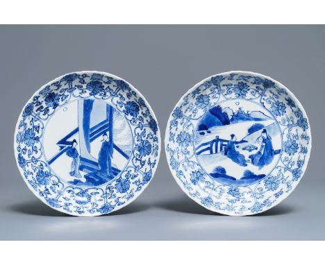 Two Chinese blue and white moulded plates with figures, Kangxi mark and of the period Dia.: 20 cm---------Please request cond