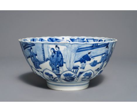 A Chinese blue and white moulded bowl with figurative panels, Xuande mark, Kangxi Dia.: 21 cm - H.: 10 cmÊ Provenance: A Dutc