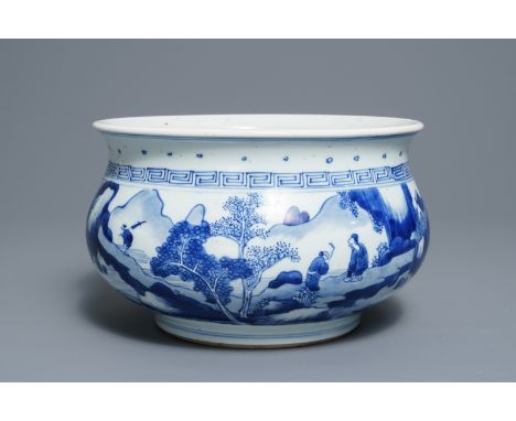 A Chinese blue and white censer with figures in a landscape, Kangxi Dia.: 23,5 cm – H.: 15 cm---------Please request conditio