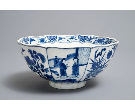 A Chinese blue and white bowl with figurative and floral panels, Chenghua mark, Kangxi H.: 10,5 cm - Dia.: 22 cm---------Plea