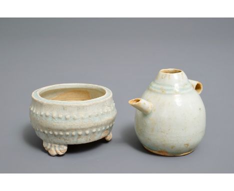 A small Chinese qingbai tripod censer and a water dropper, Song or Yuan H.: 6 cm (the water dropper)---------Please request c