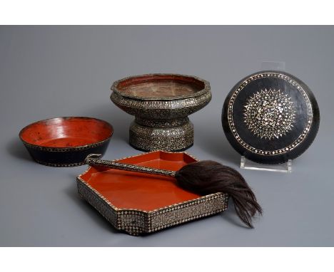 A varied collection of mother-of-pearl and mica-inlaid lacquerware, Southeast Asia, 19/20th C. Dim.: 33,5 x 33,5 x 20 cm (the