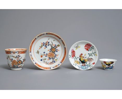 Two Chinese famille rose and verte-Imari cups and saucers, Kangxi/Qianlong Dia.: 13,5 cm (the verte-Imari saucer)H.: 7 cm - D