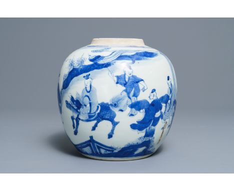 A Chinese blue and white ginger jar with playing boys, Kangxi H.: 20,5 cmÊ Condition: (UV-checked)- The unglazed top rim with
