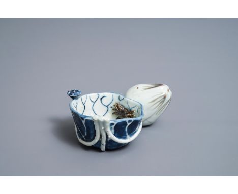 A Chinese underglaze blue and copper-red 'crab and lotus' water dropper, Kangxi Dim.: 12 x 8,5 x 5&nbsp;cmÊ See also:- The Ri