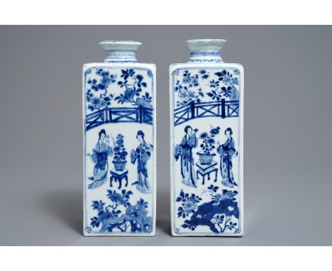 A pair of Chinese blue and white 'Long Eliza' square tea caddies, Yu mark, Kangxi H.: 29 cm---------Please request condition 