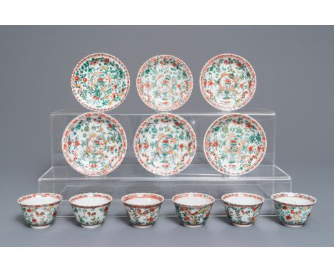 Six lobed Chinese famille verte cups and saucers with roosters among flowers, Kangxi Dia.: 12,5 cm (the saucers)Dia.: 8 cm - 