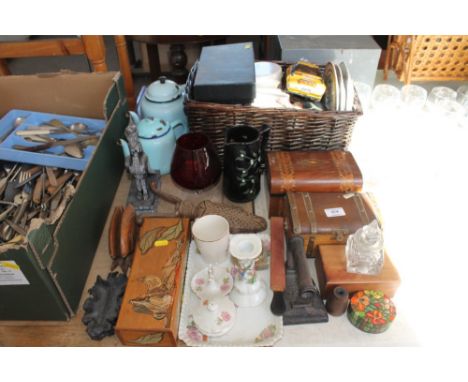 A quantity of sundry items to include enamel tea and coffee pot; inlaid trinket boxes; a flat iron; dressing table items etc.