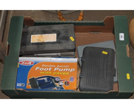 A  box of various hand tools; double foot pump etc.