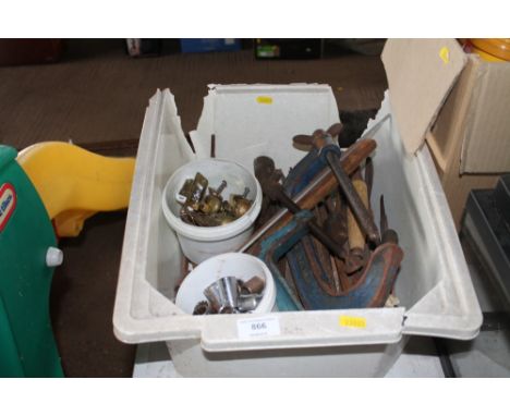 A box containing various G-clamps, hand tools sockets etc.