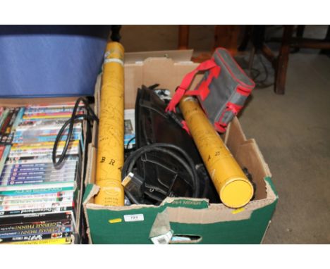 A box of various sundry items to include mobile phones; camera tripod; leather satchel etc. 