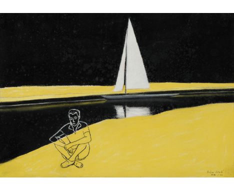 Fehér, LászlóSzékesfehévár/Ungarn, geboren 195335 x 49 cm, R.Hockender Mann an einem Fluss mit Segelboot, 1990. Pastell auf P