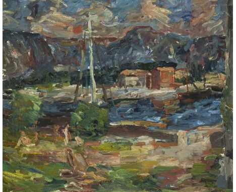 Henninger, ManfredBacknang, 1894 - Stuttgart, 198670 x 84 cm, R.Landschaft am Lago Maggiore, um 1965. Öl auf Leinwand. In Öl 