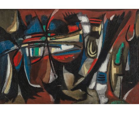 Reichle, PaulStuttgart, 1900 - Bietigheim, 198135 x 52 cm, R."Komposition - Erinnerung an Mexiko", 1955. Öl auf Karton. In Bl