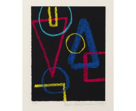 Ackermann, MaxBerlin, 1887 - Unterlengenhardt, 1975Blattgröße: 46,5 x 35 cm; 26 x 20 cm, R."Geometrisches Spiel", 1973. Farbs