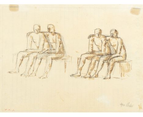 Lörcher, AlfredStuttgart, 1875 - 196221 x 26,5 cm, R."Zwei Paare auf einer Bank", ca. 1951. Bleistift und Tinte auf der Rücks