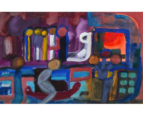 Kerkovius, IdaRiga, 1879 - Stuttgart, 197035 x 54 cm, R."Figuren neben dem Ofen", Mischtechnik auf Papier. In Aquarell unten 