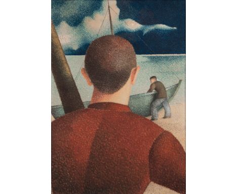 Lattner, Konrad AdolfAnklam, 1896 - Göttingen, 197969 x 48 cm, R.Zwei Männer mit einem Boot am Strand, ca. 1930er. Aquarell a